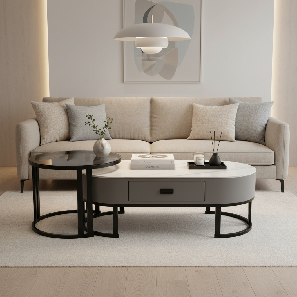 Oval Coffee Table Set with Drawer - FCT 002