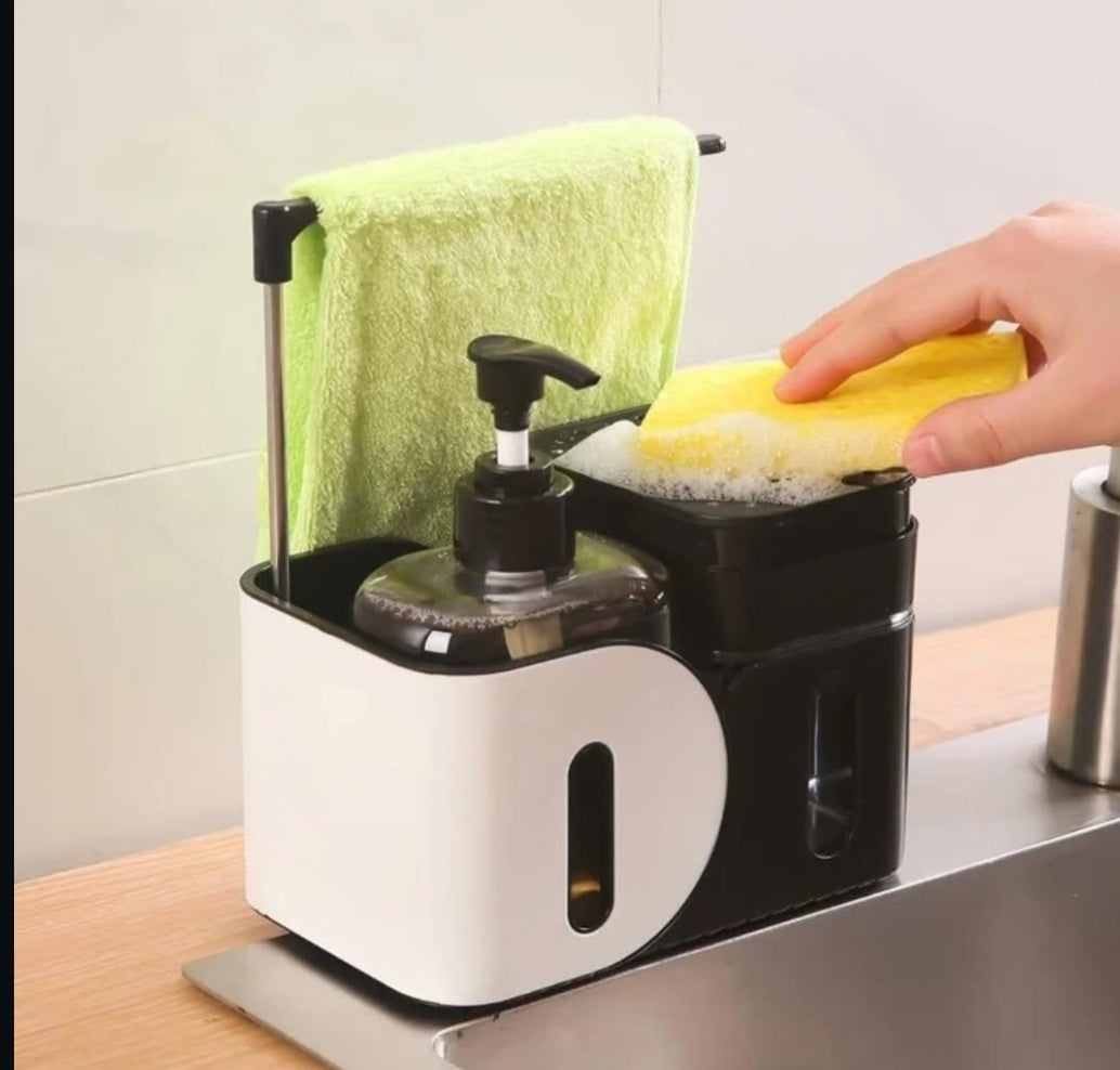 Gemelli Collections kitchen soap dispenser with manual press pump and integrated rag rack for organising dishwashing liquid sponges scrubbers and cleaning cloths compact sink side organiser for kitchen cleaning essentials