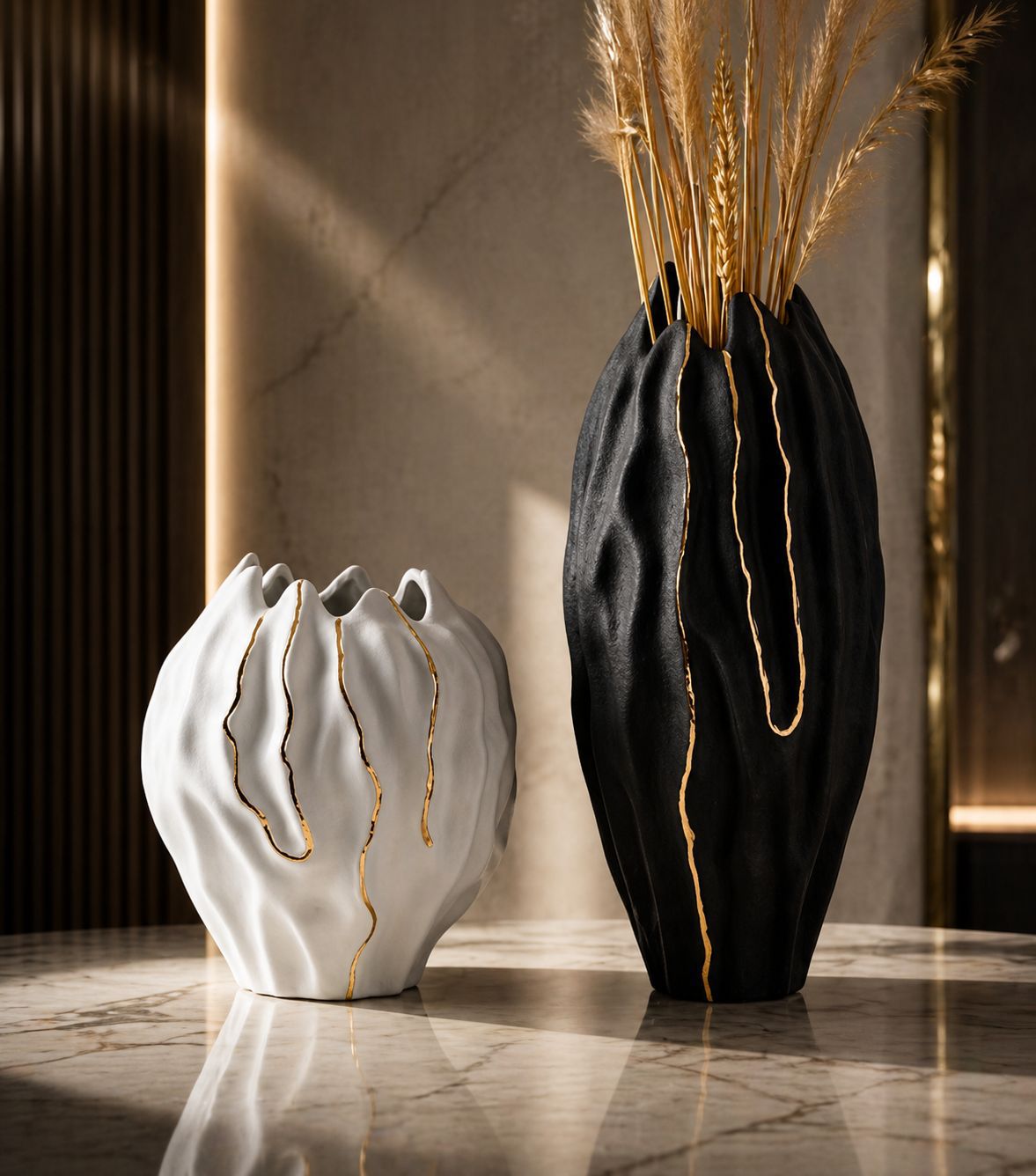 Gold and black tall vase set with contemporary decorative design for floor styling entryways living rooms and statement home décor displays.