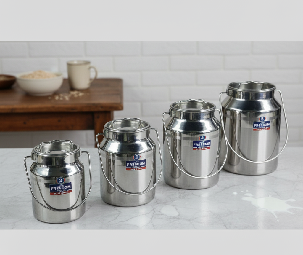 Gemelli Collections stainless steel milk can with handle and secure lid.