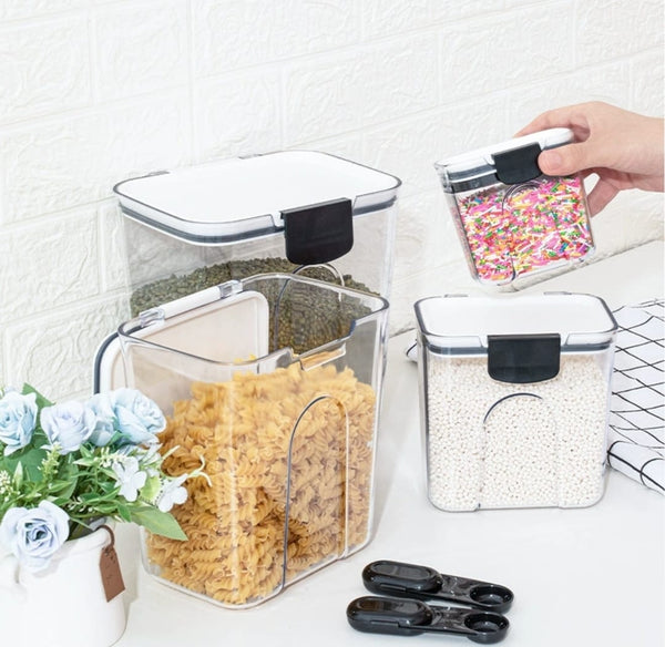4 piece airtight food storage container set stackable spill proof kitchen storage containers clear pantry organisers with capacities 4.6L 2.7L 1.3L and 0.35L