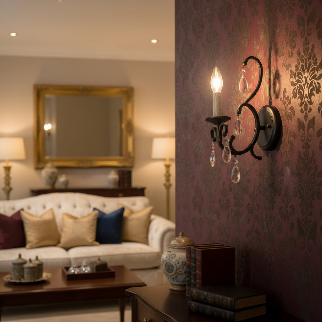 Black iron wall lamp with crystal detailing and E14 socket, decorative indoor lighting fixture