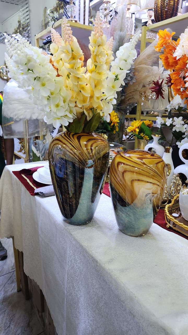 Handblown Amber Swirl Glass vase with caramel, brown, and smoke grey patterns