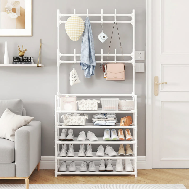 4 layer detachable metal shoe rack with 8 double hooks large capacity shoe organiser and coat stand available in white and black 80x26x170cm for entryway and bedroom storage.