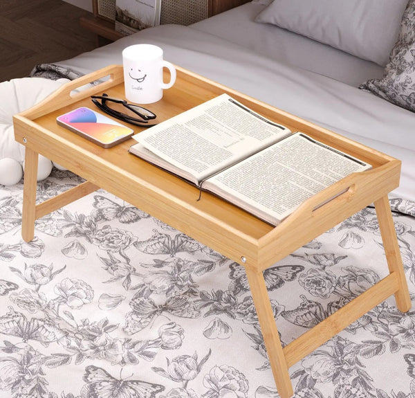 foldable bamboo bed tray table with folding legs and carry handles breakfast tray laptop table study tray for bed sofa and couch 50x30x22.5cm