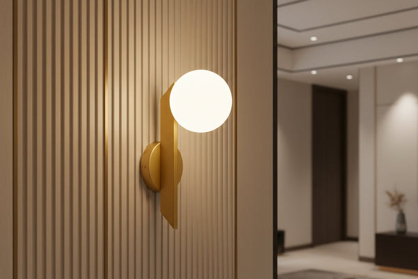 Golden and white wall lamp with iron frame and glass shade, elegant E27 indoor decorative lighting fixture