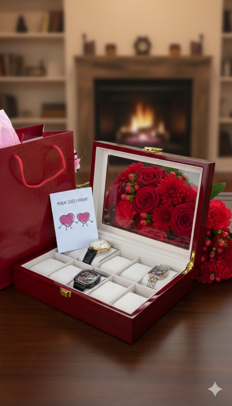 Valentines Gift Set With Wooden Watch Organizer