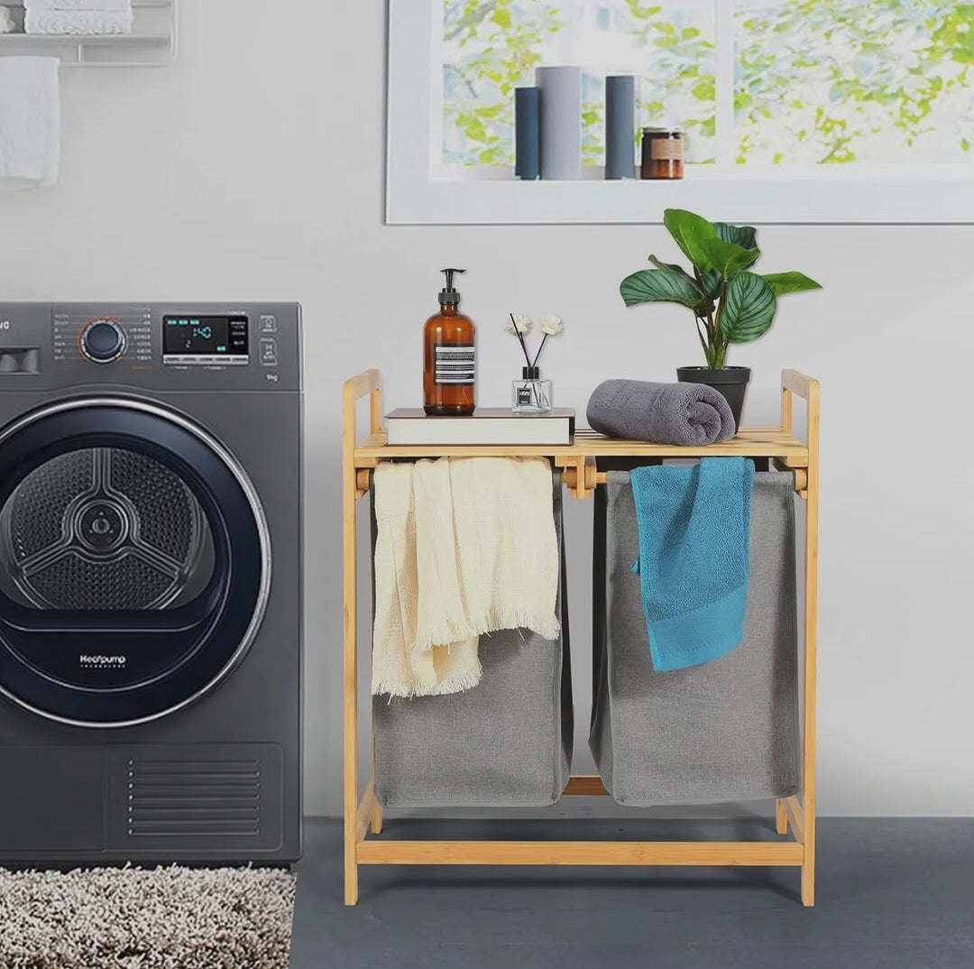 Freestanding Bamboo Laundry Hamper with Storage Shelf