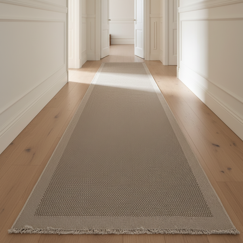 Gemelli Collections Oriental Weavers Fuwwa KBORIE218 greige dotted border jute look corridor runner rug.