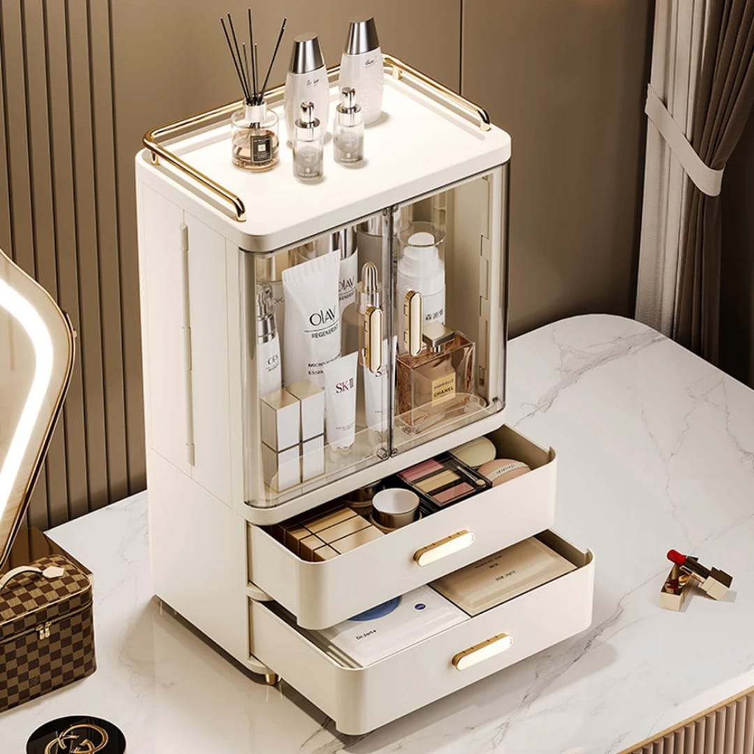 Gemelli Colllection plastic lidded dust proof acrylic cosmetic storage cabinet double door double drawer makeup organiser 46.5x18x27.5cm clear vanity storage box beauty organiser skincare makeup storage case modern dressing table organiser with lid and drawers