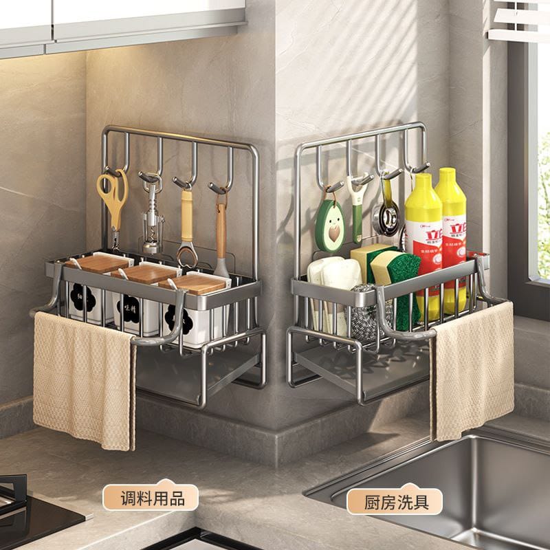 Wall mounted sink tidy made from thickened carbon steel with storage for bottles, sponges, cloths, and hooks for organising kitchen utensils