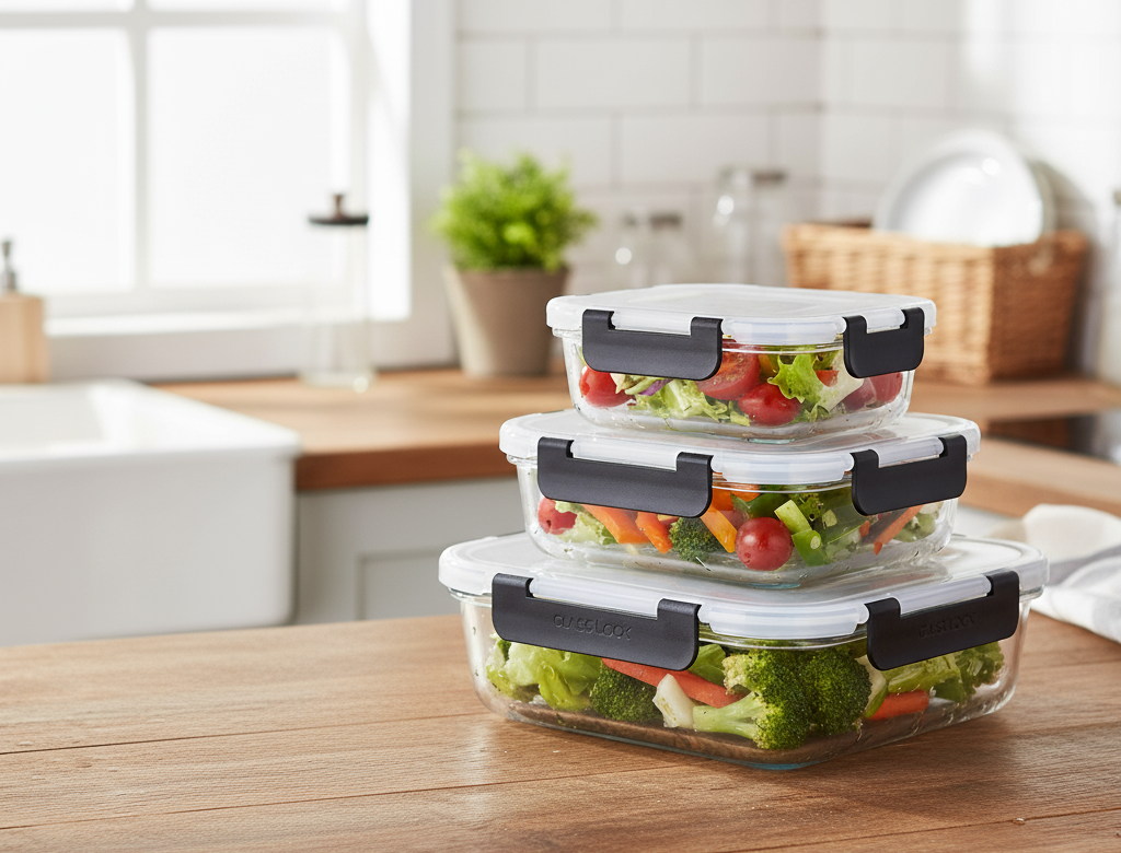 Gemelli Collections rectangular borosilicate glass food preservation bowl set with airtight lids in three sizes.