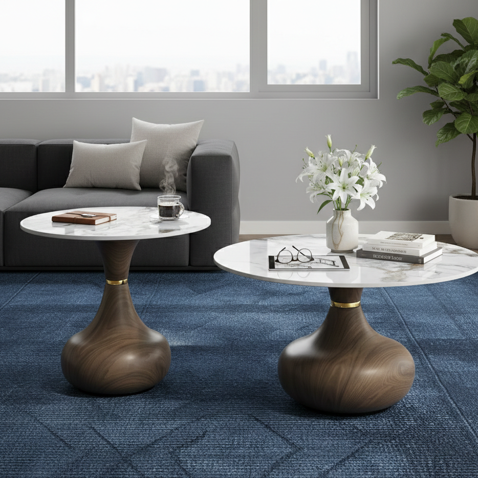 Marble-top nesting coffee tables with gold or chrome metal base for modern living rooms