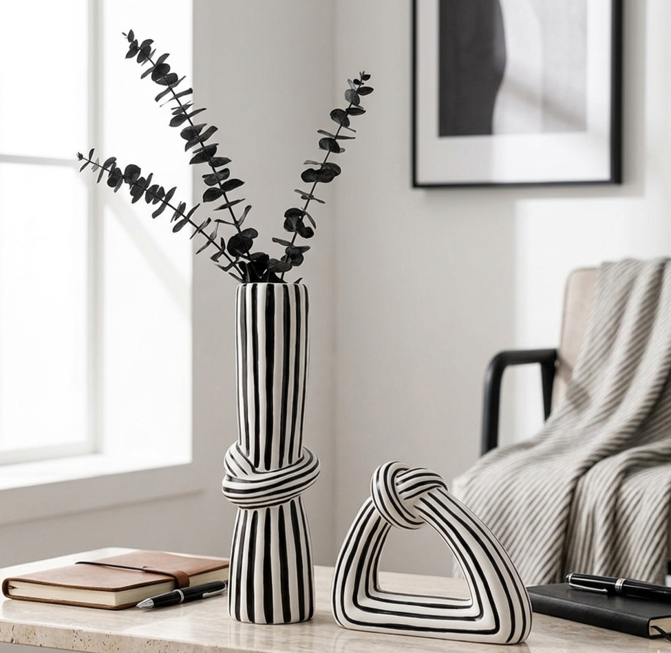 Monochrome knot ceramic vase for modern home décor, shelves, coffee tables, and decorative display