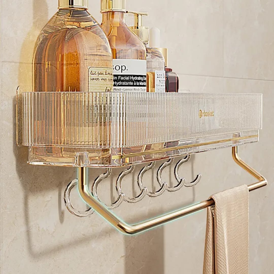 Wall Mounted Bathroom Shelf with Towel Bar and Hooks
