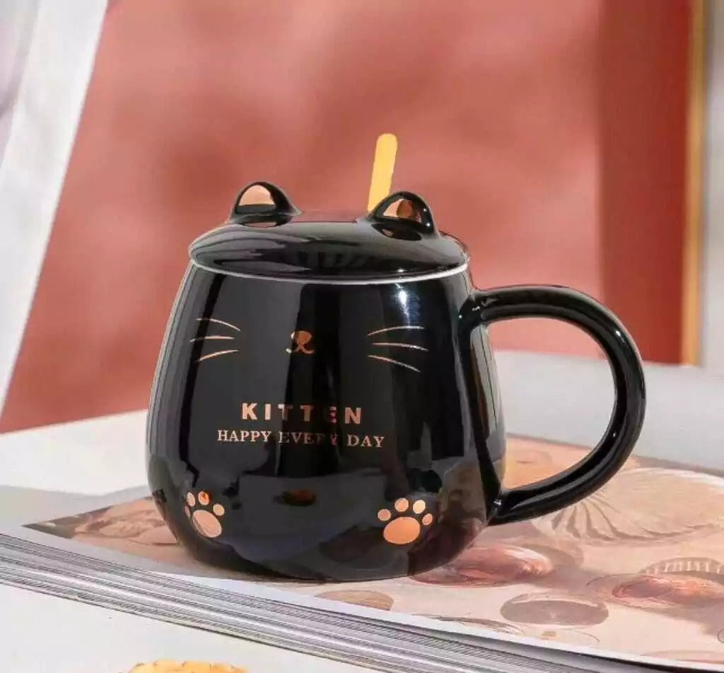 Glossy Kitten-Themed Coffee Mug with Lid and Spoon