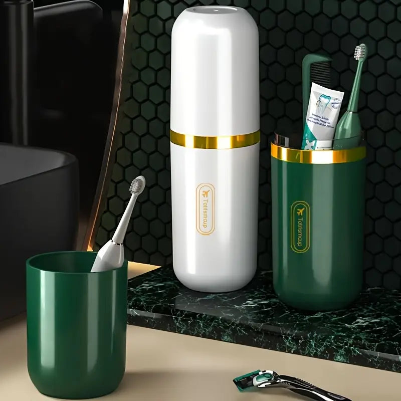 Nordic Portable Toothbrush and Toothpaste Holder – Green ABS Travel Organizer with Cup Function