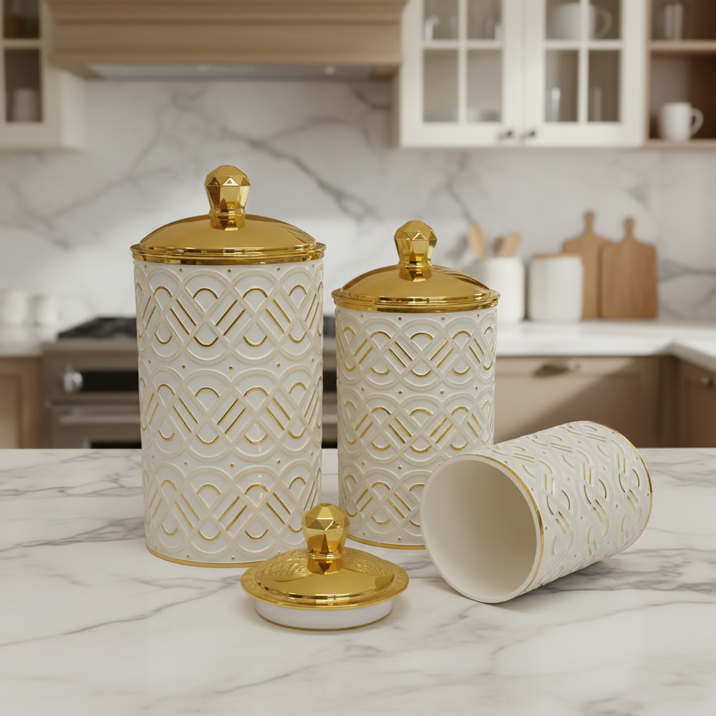 3 in 1 transparent round acrylic storage jars with decorative gold lines