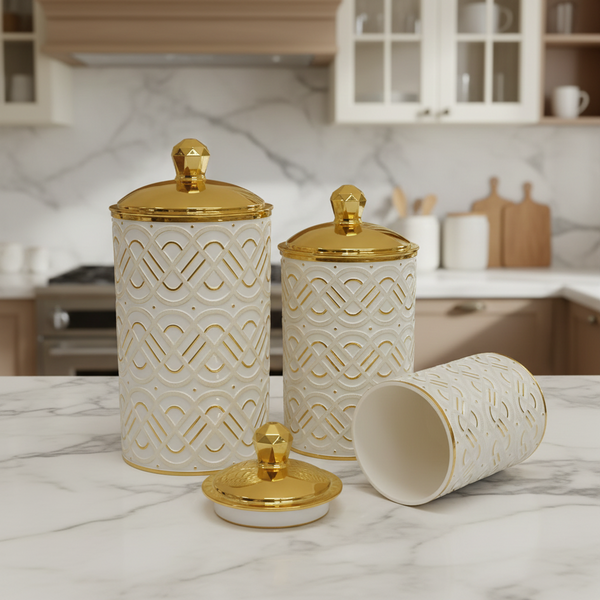 3 in 1 transparent round acrylic storage jars with decorative gold lines