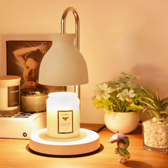 Dimmable electric candle warmer made from metal for flame-free candle warming and ambient lighting in bedrooms, living rooms, offices, and indoor spaces.