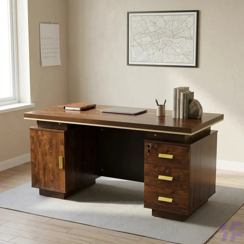 Executive dark walnut office desk with gold trim, three lockable drawers, side storage cabinet, and cable management grommets.