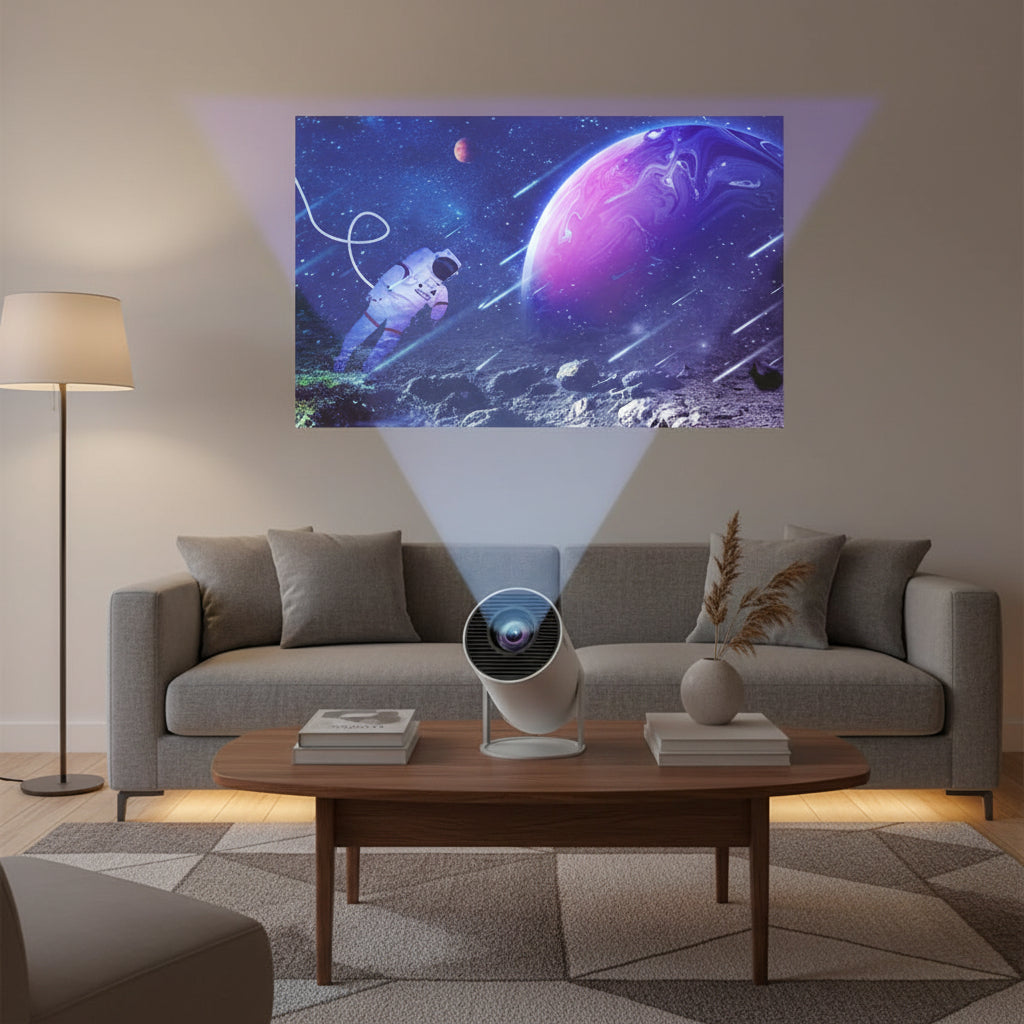 Gemelli Collections HY300 smart portable projector with WiFi, Bluetooth, 720P HD resolution, built-in stereo speakers, and 180-degree rotatable stand for home theatre and presentations