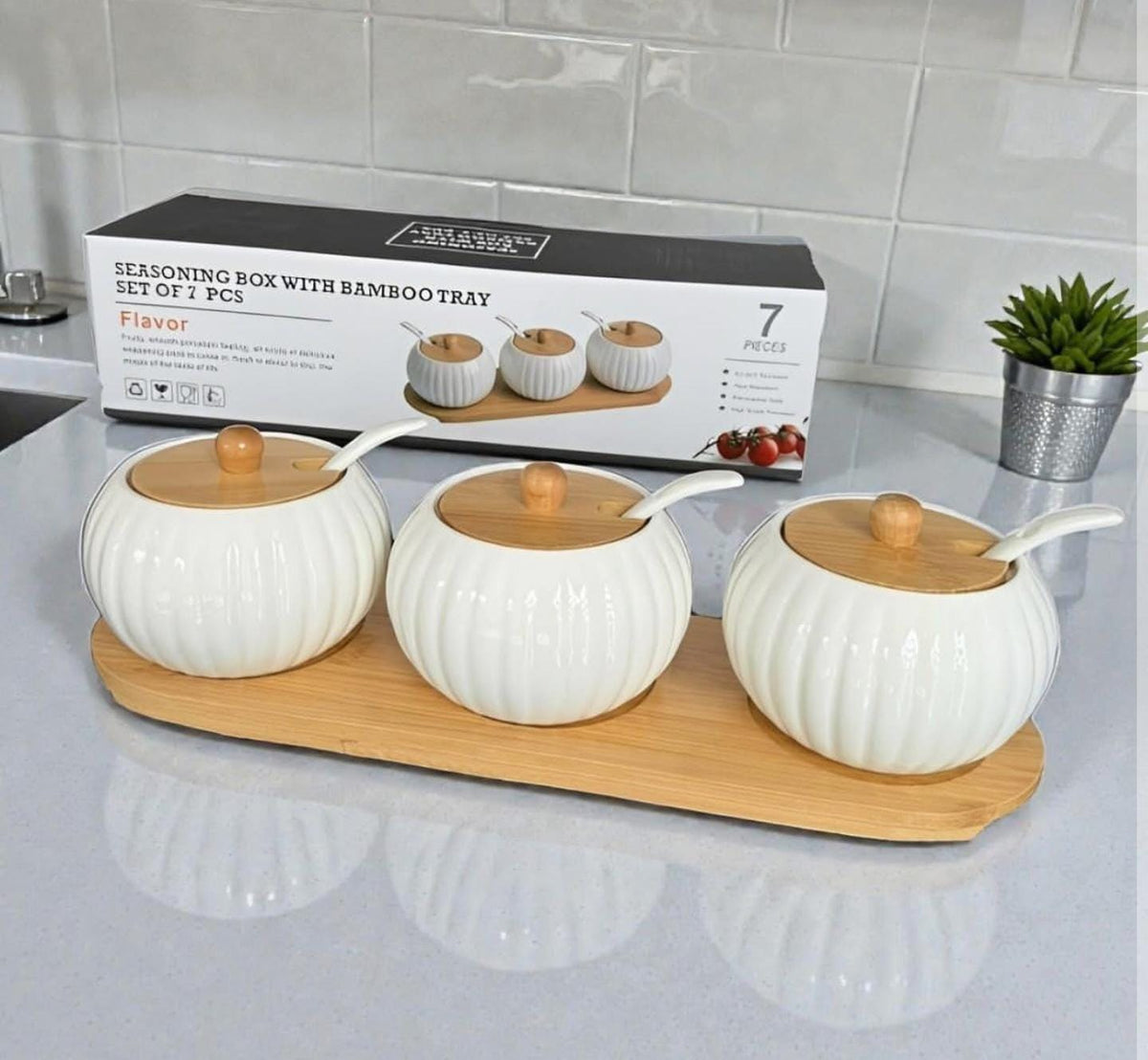 7-Piece Porcelain Canister Set with Bamboo Tray, Airtight Containers for Spices, Tea, Coffee, Sugar, and Kitchen Organization