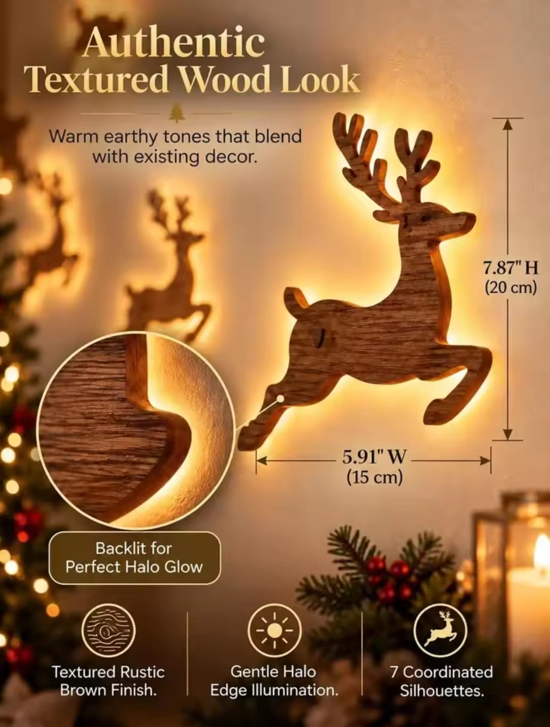 3D Reindeer Christmas Wall Decorations with Lights Set of 7