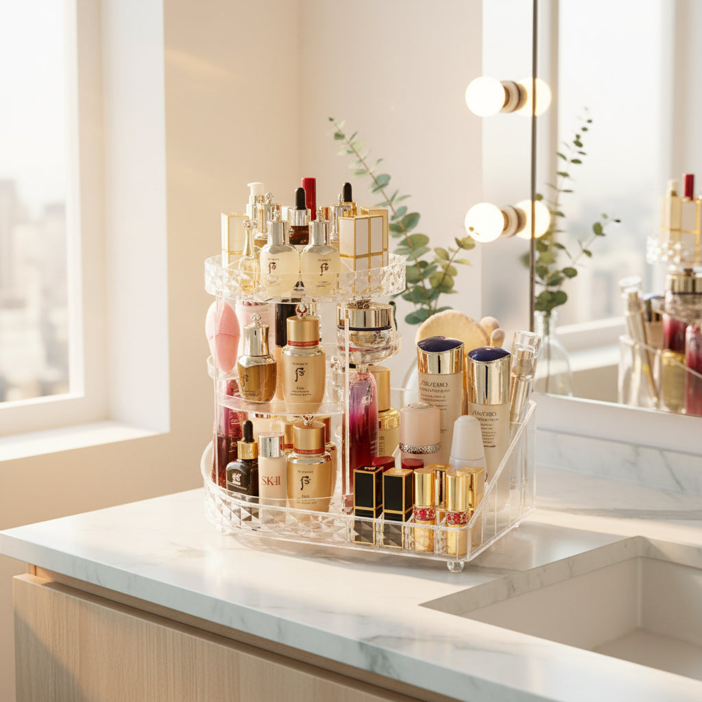 Rotating Cosmetic Organizer 33x21.7x29cm – High Capacity Makeup Carousel for Skincare and Perfume Storage
