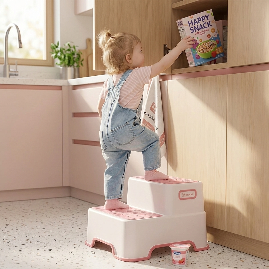Portable anti-slip kids step stool available in grey, pink, blue, and green for bathroom and kitchen use