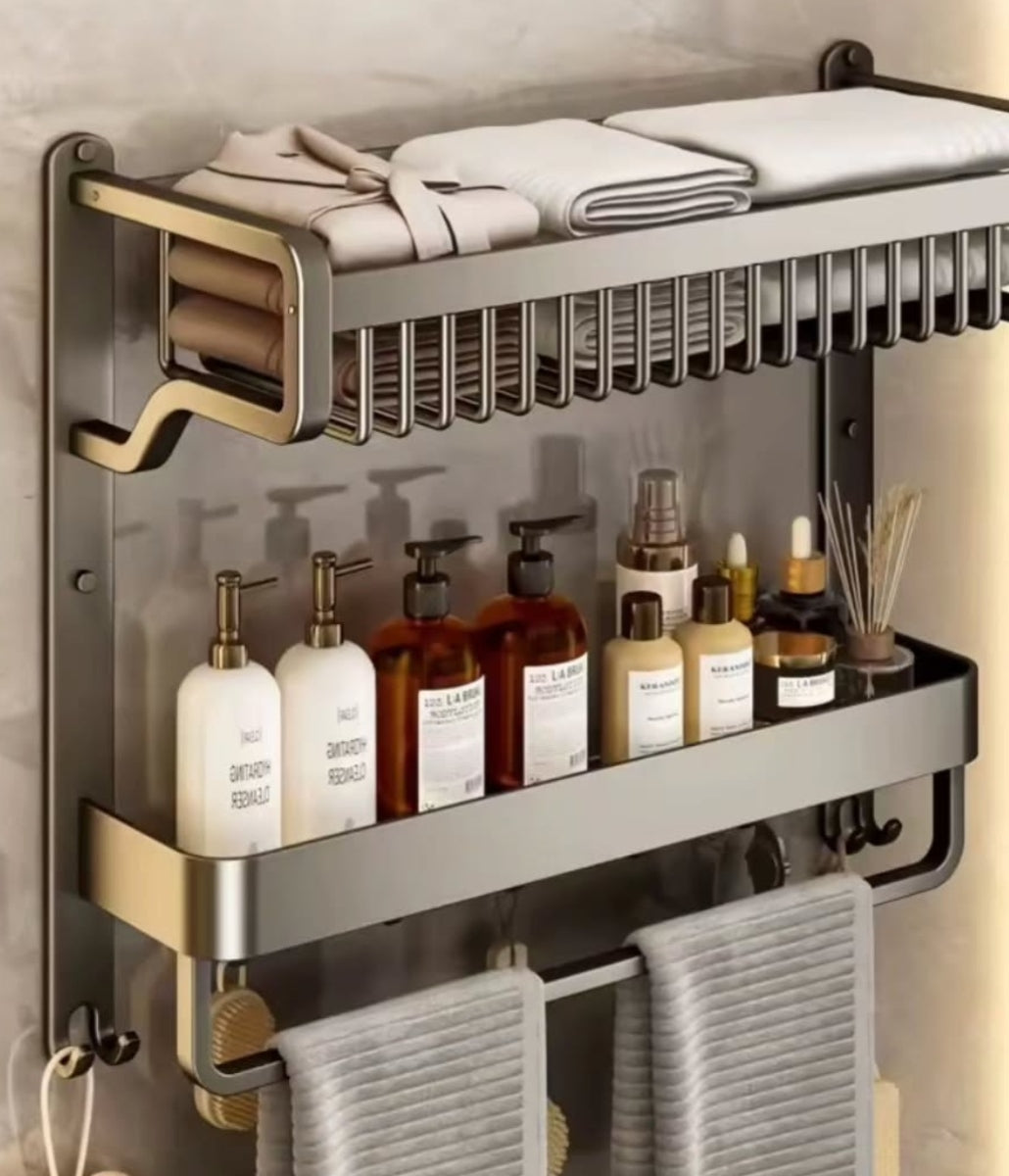 Gemelli Collections 2-Layer Bathroom Towel Rack with Shelf and Hooks, wall-mounted bathroom organiser for towels, toiletries, bathrobes and accessories.
