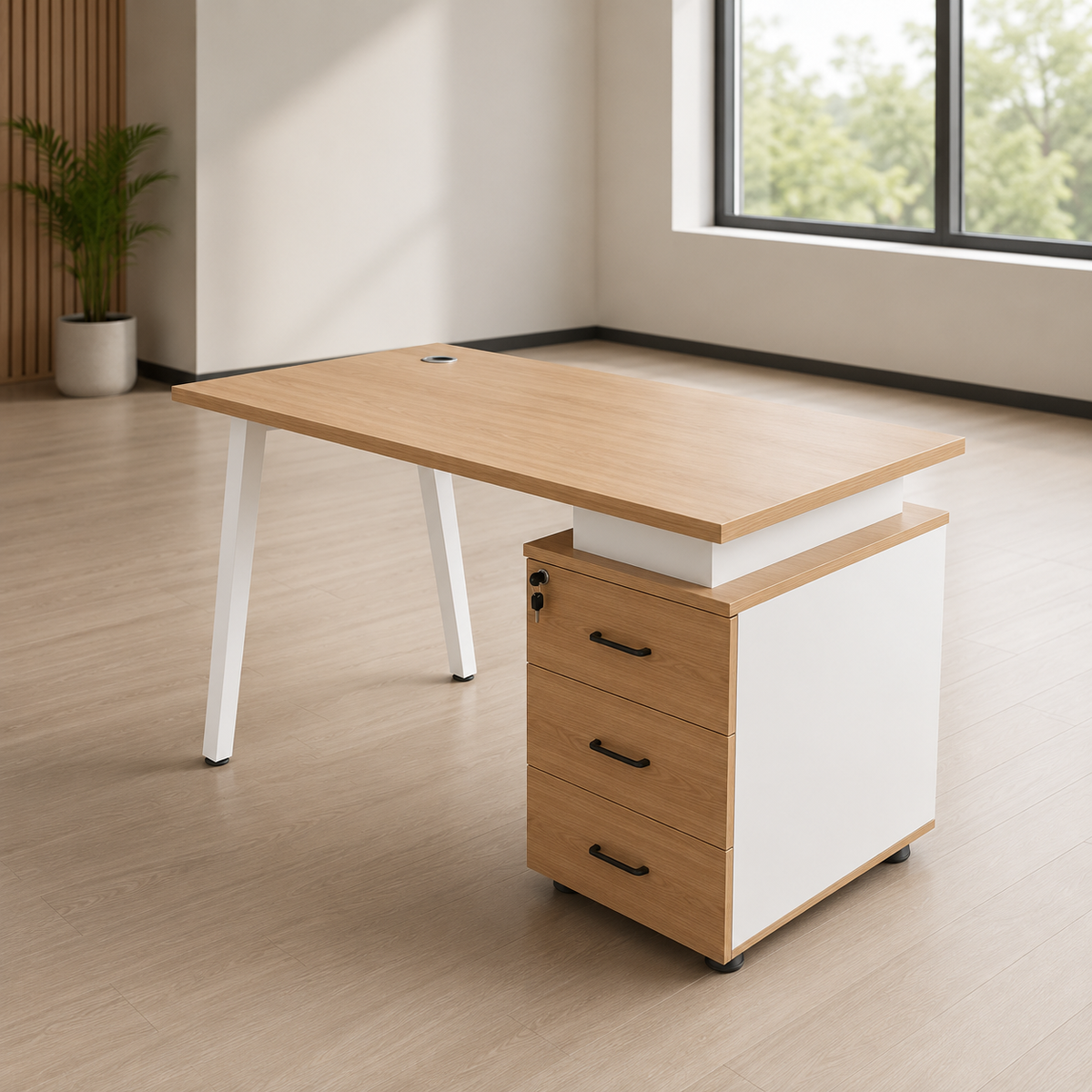 light oak office desk with cable management hole and white three-drawer mobile pedestal on casters.