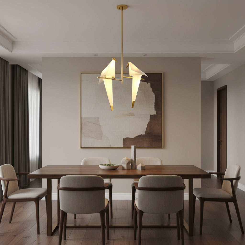 Gemelli Collections gold origami bird pendant chandelier with two LED bird lights and polished gold frame ceiling fixture