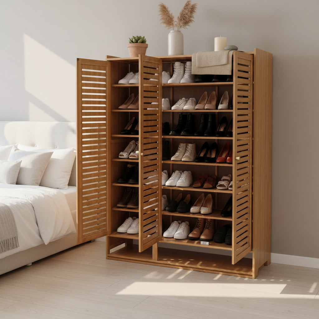 9 layer bamboo shoe cabinet measuring 125.5 × 88 × 32cm for organized footwear storage