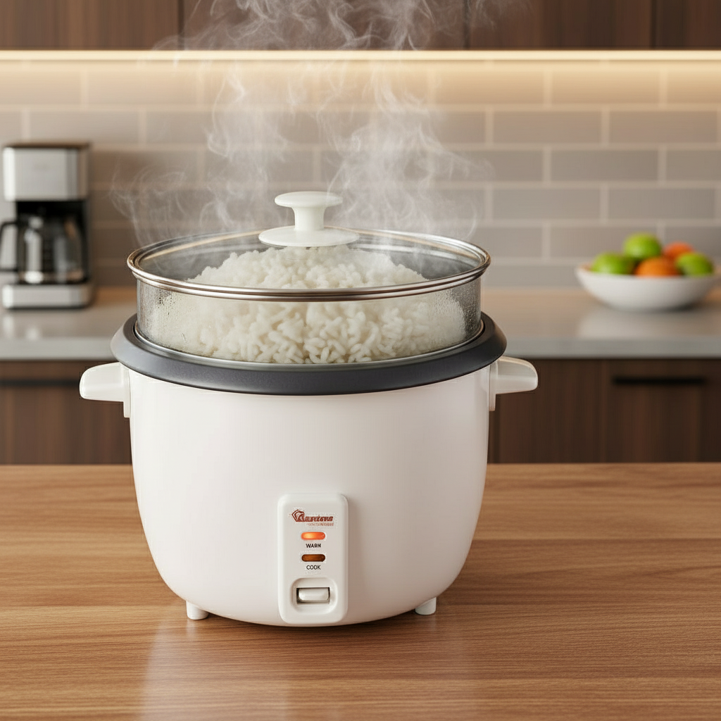 White 2.8-litre electric rice cooker and steamer with non-stick removable pan and tempered glass lid