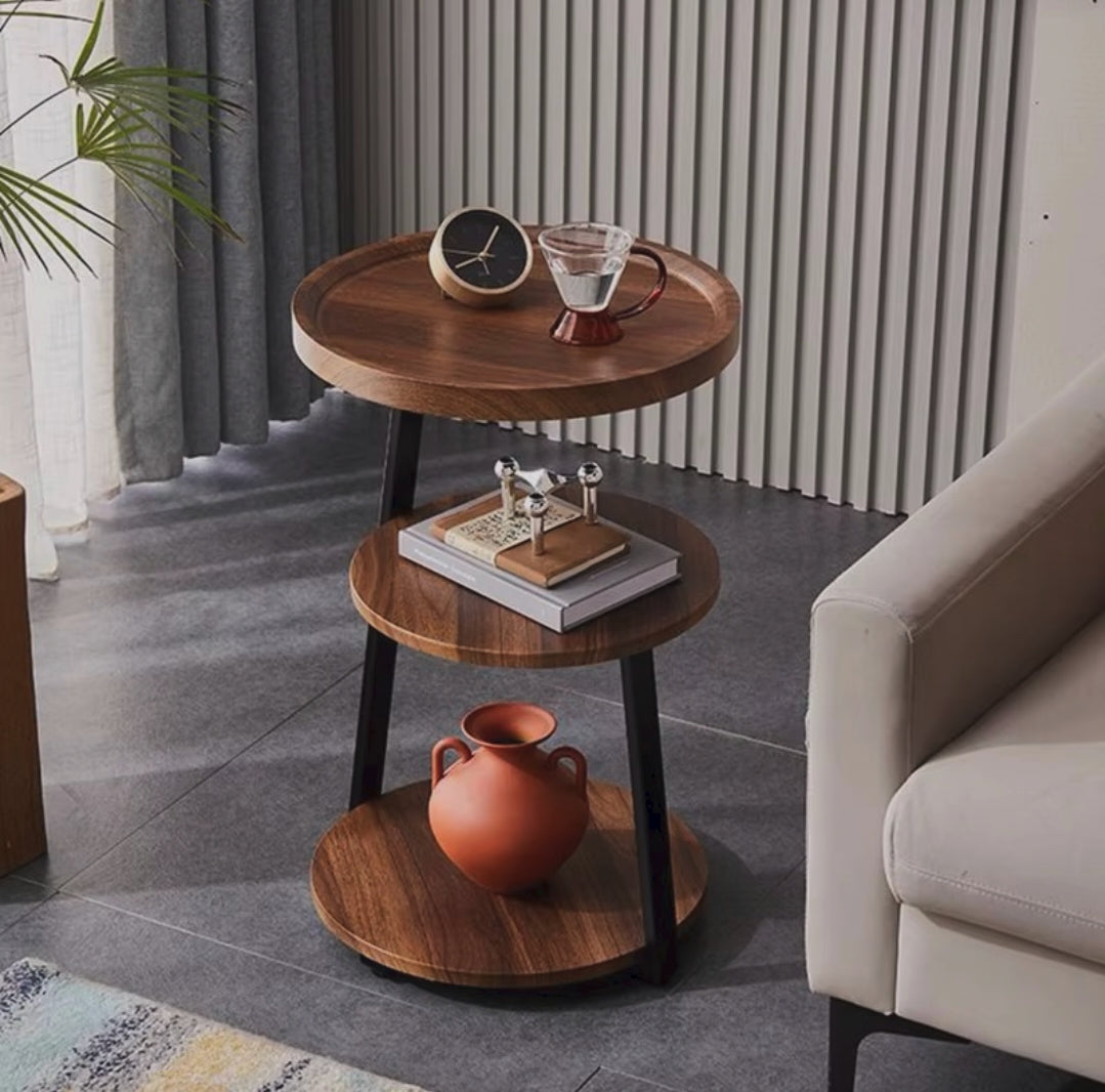 3 tier Trinity sofa side table with round wood shelves and metal frame measuring 40x40x62cm for living rooms bedrooms and small spaces.