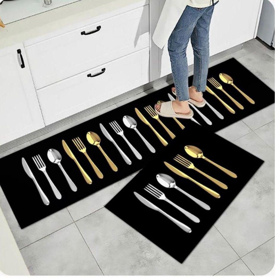 2Pc Kitchen Mat Set With Rubber Anti-Slip Bottom