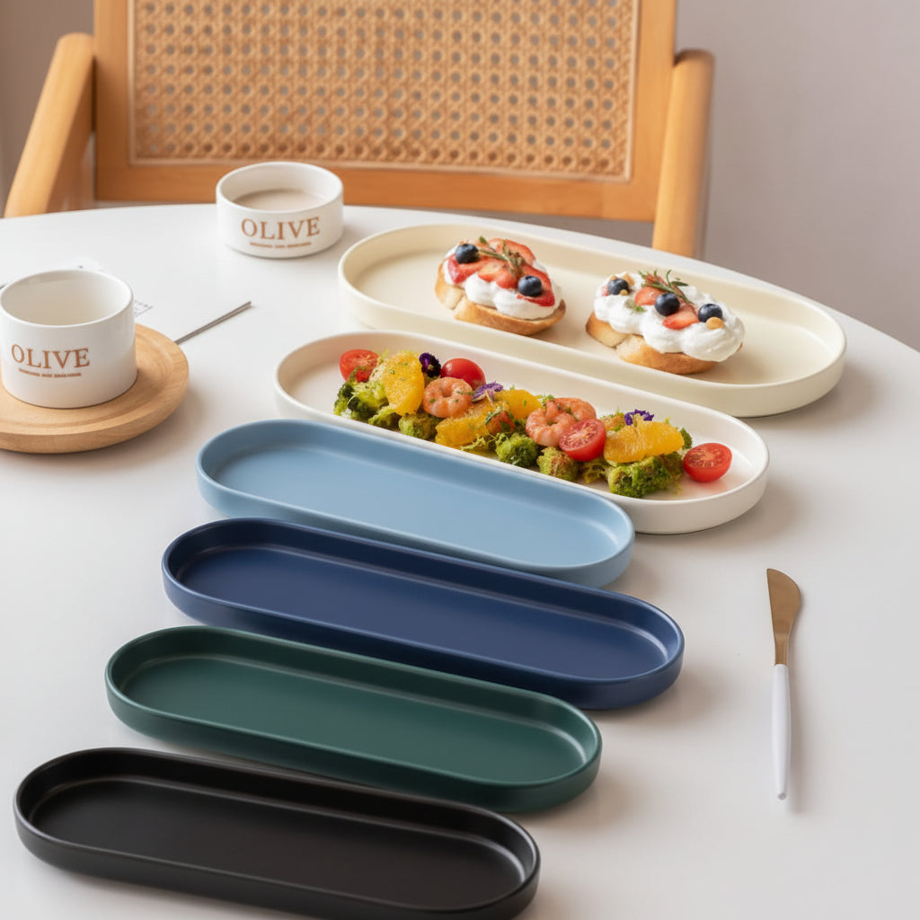 minimalist rectangular ceramic serving platters durable ceramic serving trays for appetisers snacks pastries desserts sushi side dishes modern tableware available in dark green light blue black and white.