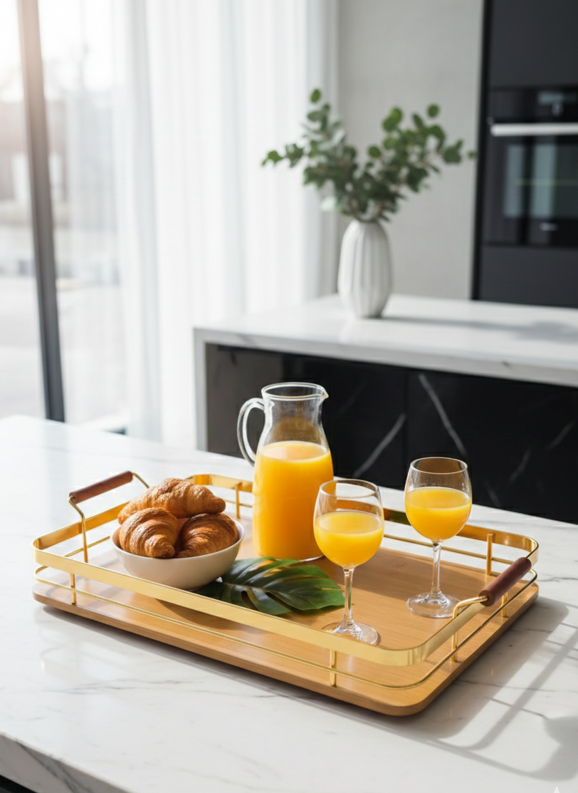 Wooden serving tray 40x30x6.5 cm with gold-coated metal handles, elegant and durable tray for drinks, breakfast, or home décor.