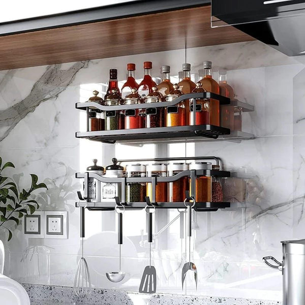 2-piece no-drill shower caddy shelf bathroom organiser with adhesive for smooth flat surfaces including tiles, marble, wood, metal and glass.