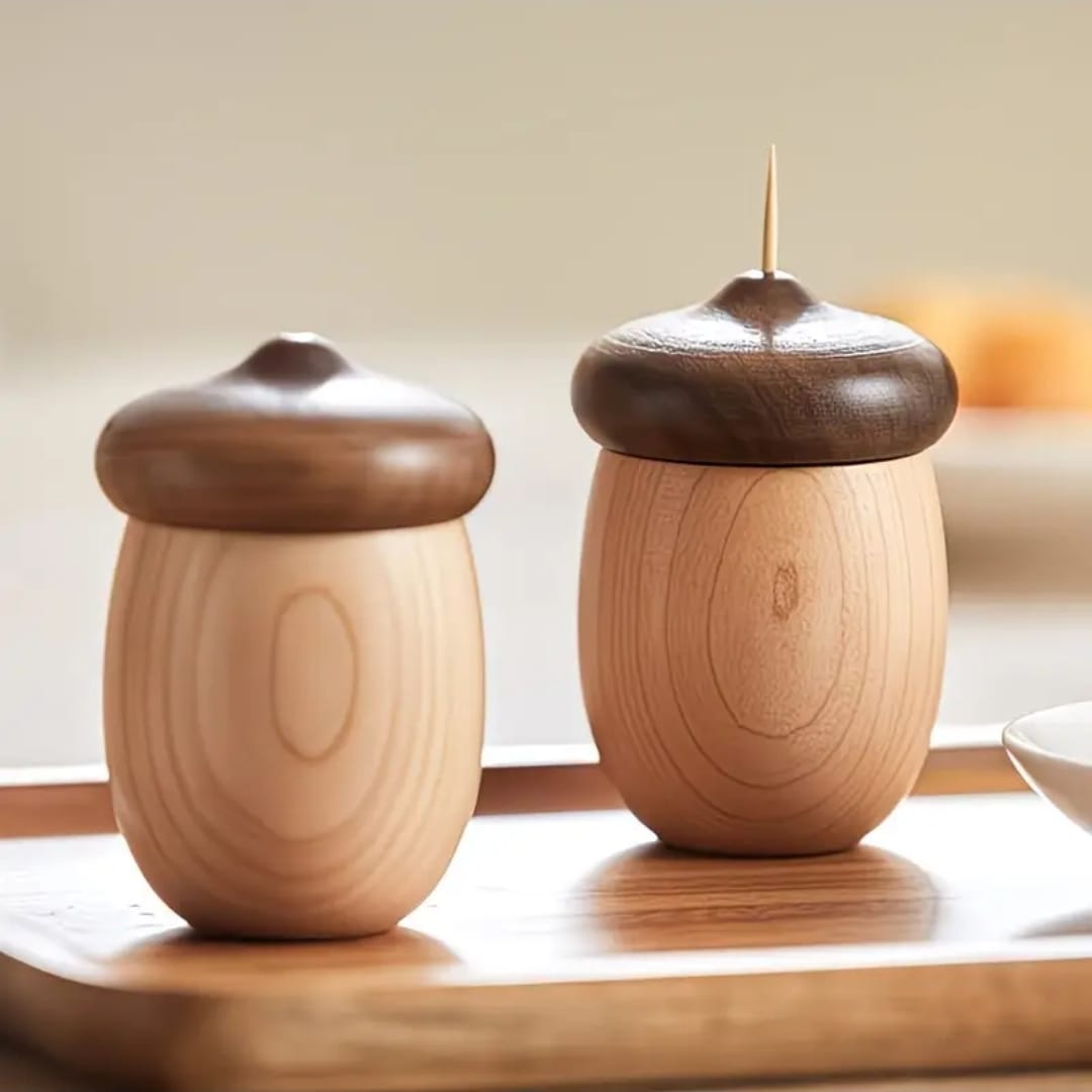 Creative walnut cotton swab and toothpick holder with a compact storage design for organising small bathroom and dining essentials.