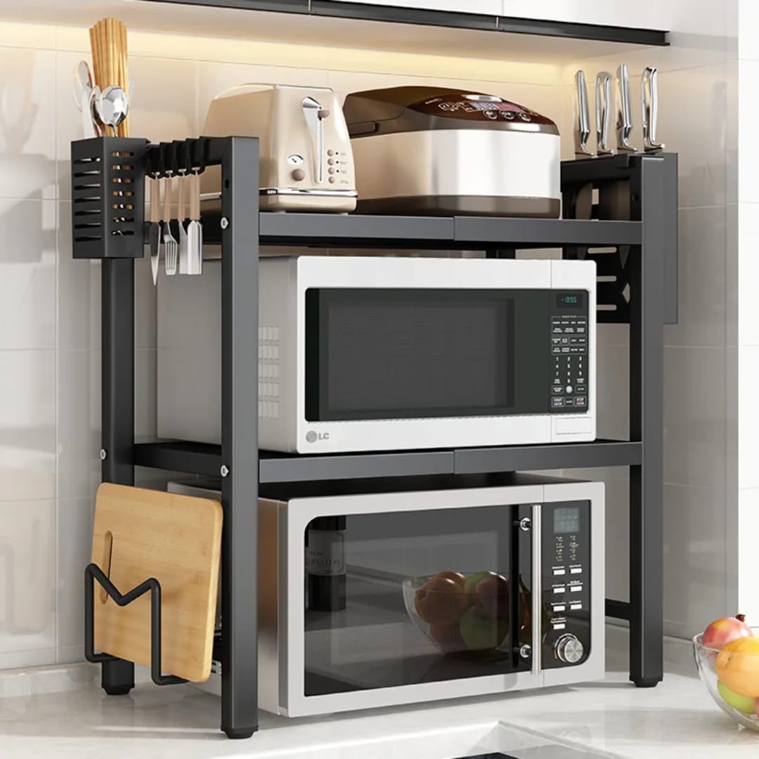 double layer heavy-duty adjustable microwave stand black carbon steel kitchen storage rack rust-resistant scratch-resistant organiser shelf for microwave air fryer cookware and countertop storage.