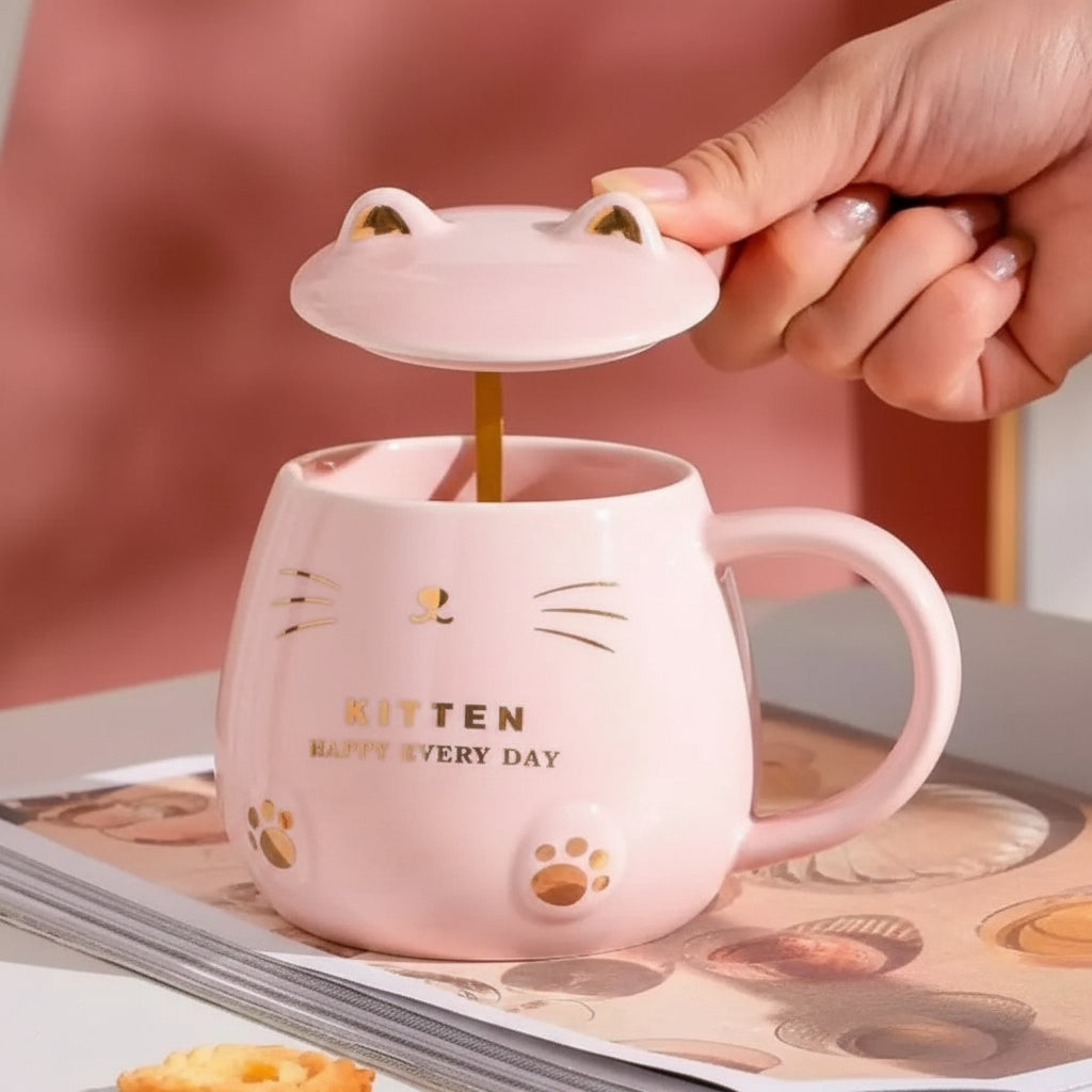 Glossy Kitten-Themed Coffee Mug with Lid and Spoon