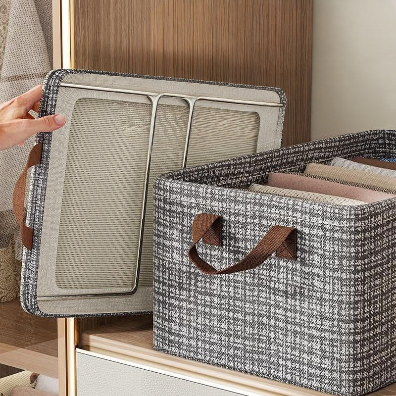 jean storage organiser box measuring 47x28x20cm durable collapsible fabric storage bin with structured frame for organising jeans clothes blankets laundry and household essentials