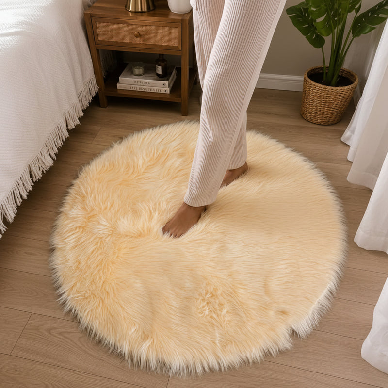 Fluffy shaggy bedside carpet 100cm soft plush floor rug for bedroom living room bedside sofa area cosy home décor mat.