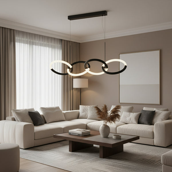 Modern linear chandelier with four interlocking rings alternating matte black and glowing white LED acrylic halo lights in a minimalist chain design.