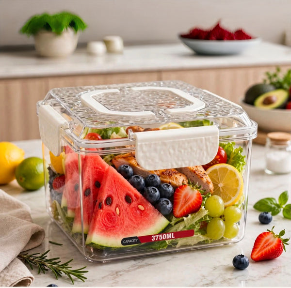 3-piece diamond food storage container set with 4000ml, 2000ml and 1000ml airtight Tritan containers in a crystal-clear stackable design.