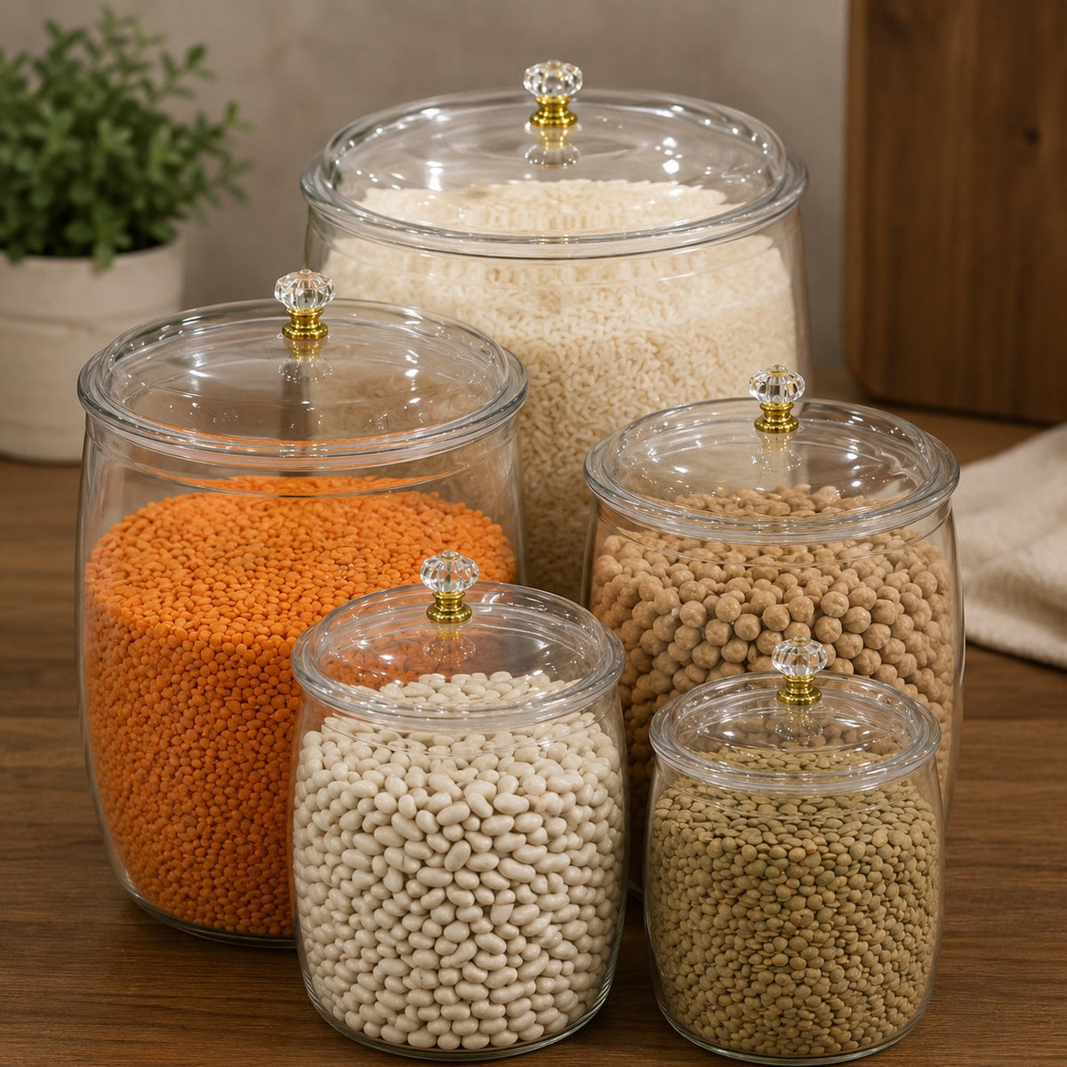 5 piece acrylic storage canister set with crystal diamond lids and gold knobs in 2.2 litre 3.8 litre 6.5 litre 11 litre and 18 litre capacities for pantry organisation.