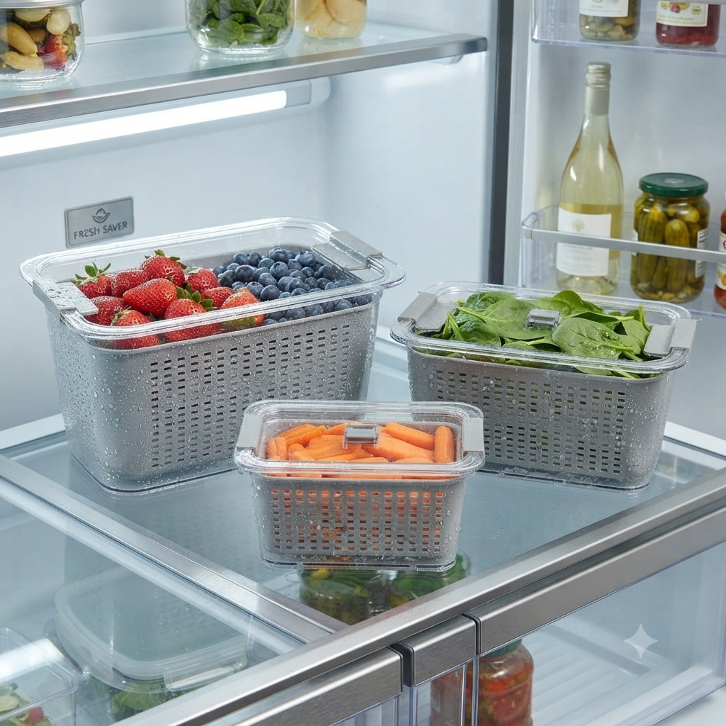 3 piece fresh food storage container set refrigerator organiser with removable drain trays white tray food storage boxes 4.5L 1.7L and 0.5L containers for fruits vegetables salads meal prep and fridge organisation