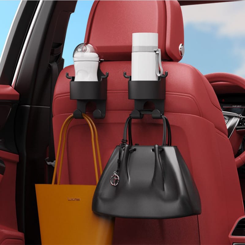 Gemelli Colllection car seat headrest hook organizer with integrated cup holder universal vehicle accessory for hanging handbags shopping bags backpacks and holding drinks while keeping car interiors organised and clutter free